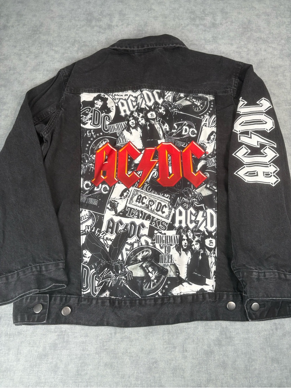 AC/DC Black Denim Jacket Mens Large Band Graphic Trucker Jean Jacket Rock